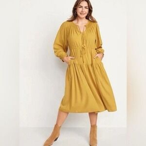 Womens Mustard Waist-Defined Crinkle Midi Dress XS Boho Prairie Cottagecore NEW
